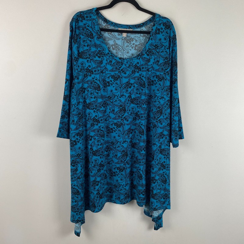 Woman Within Swing Hem Tunic Size 2X Blue Black Paisley 3/4 Sleeves Stretch