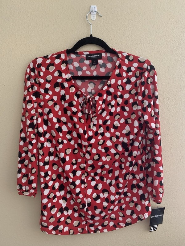 Liz Claiborne Red Animal Print Tie Neck Knit V-Neck Top S 3/4 Sleeve