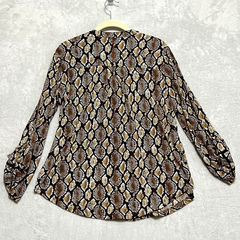 Michael Kors Button Blouse Womens Medium Brown Snakeskin Roll Tab Sleeve Top gallery