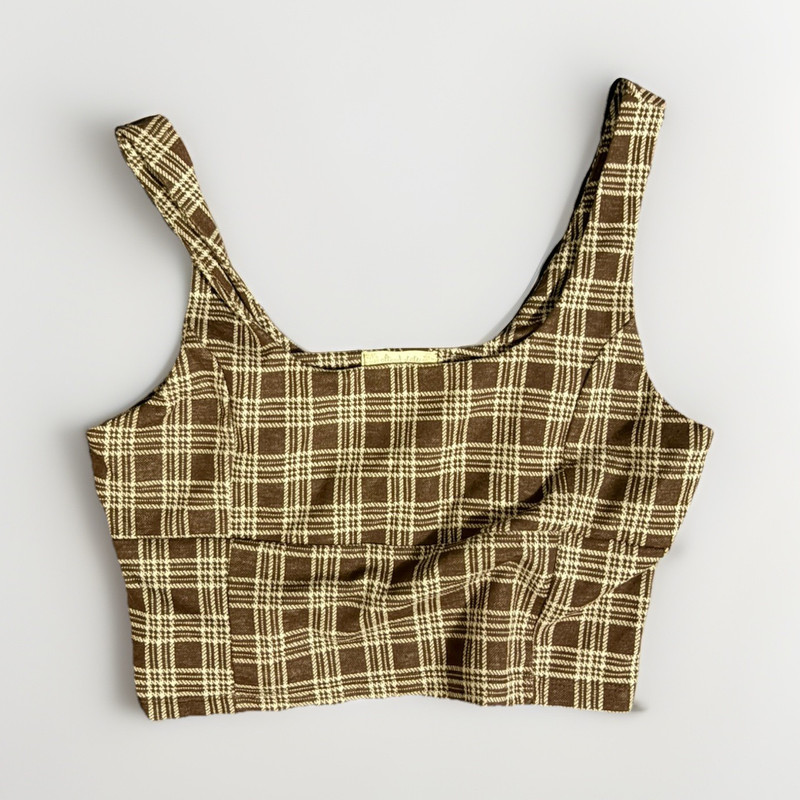 st. eric and sue Brown/White Plaid Cropped Tank Square Neck Wide Strap M/L