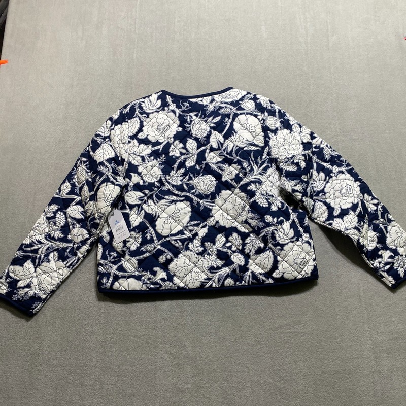 NEW Navy Floral Quilted Cotton Jacket Nautical Crest Goldtone buttons w/ pockets gallery