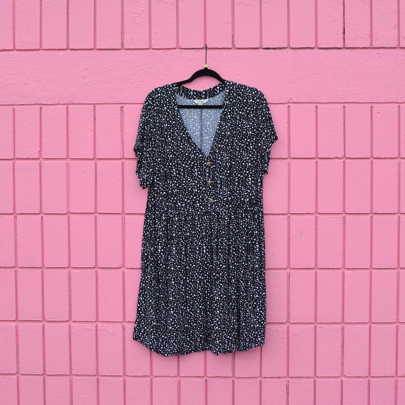 #106 0x 14 Terra & Sky Black White Speckle Dot V-neck Babydoll Dress
