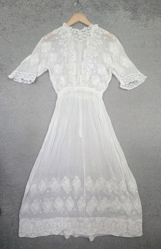 Antique 1900s 10s 20s Embroidered Cotton Lace Lawn Tea Under Dress XXS/XS READ