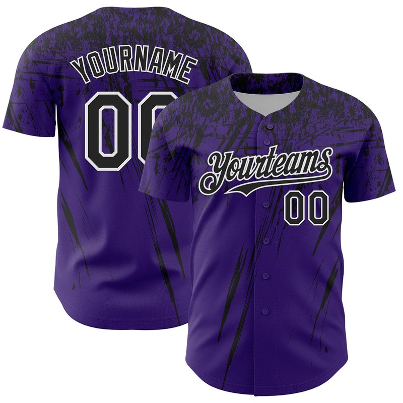 Custom Purple Black White Distressed Scratch Brush Baseball Jersey Him