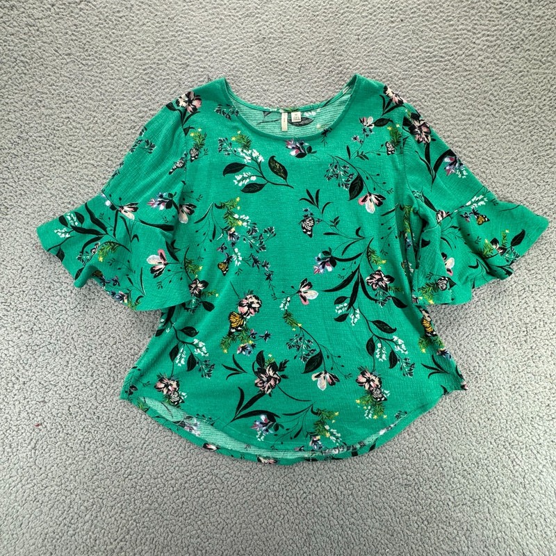 EST 1946 Womens Bell Sleeved Round Neck Curved Hem Green Top Floral Size M