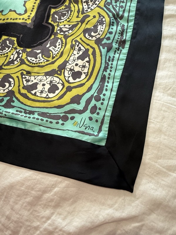 Vera Neumann Bold Teal Black Celadon Silk Scarf With Double Layer Border 43in Sq gallery