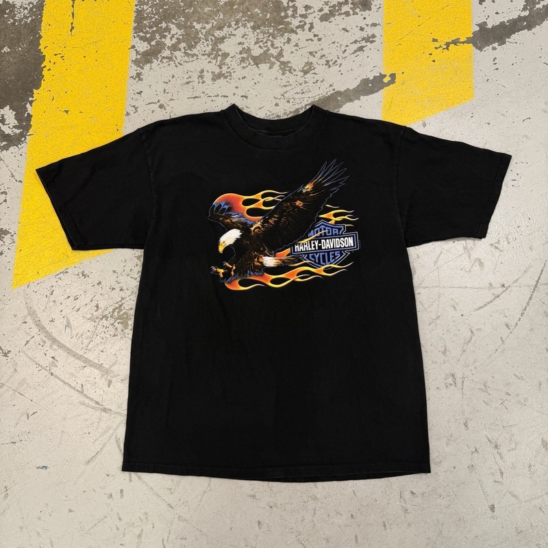 Vintage 90s Harley Davidson Flame Eagle Rare Black Tshirt Size XL Biker