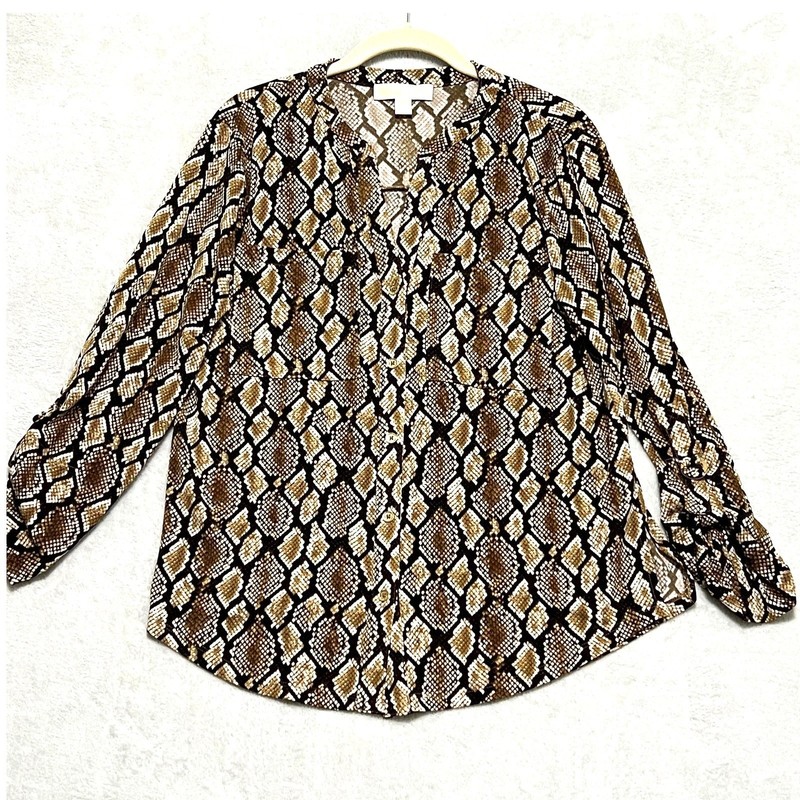 Michael Kors Button Blouse Womens Medium Brown Snakeskin Roll Tab Sleeve Top gallery
