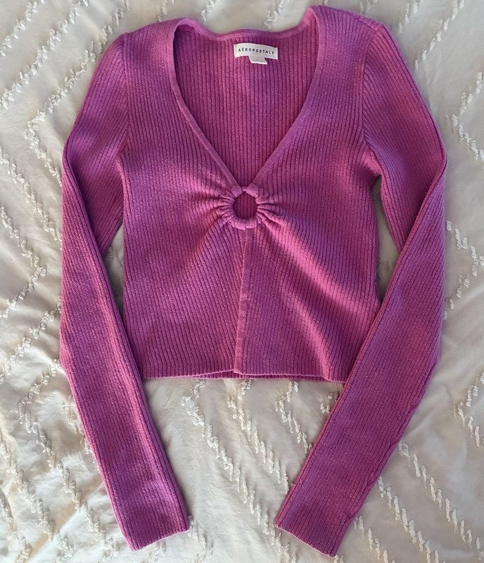 Aéropostale Pink Rib-Knit V-Neck Ring Front Long Sleeve Pullover Sweater XS