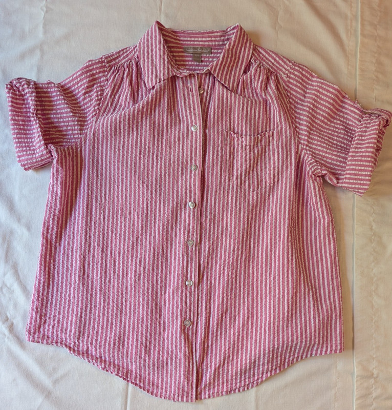 Woman Within, Short-Sleeve Button-Down Cotton Seersucker Shirt, Size Large