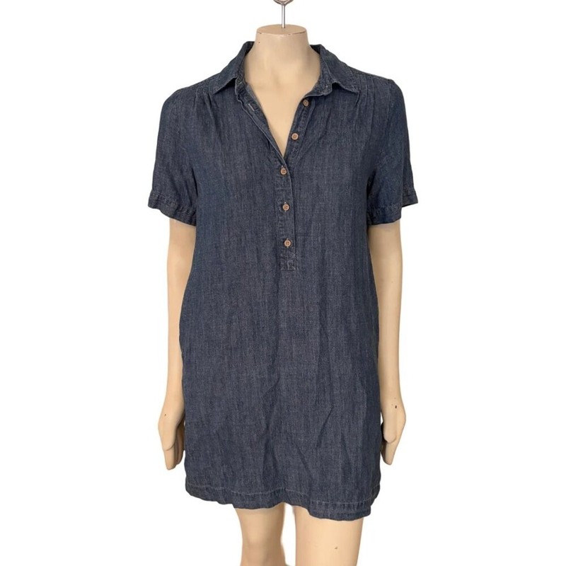 FAHERTY Tencel Linen Hana Dress Dark Indigo Wash Chambray Denim WOMEN’S SMALL