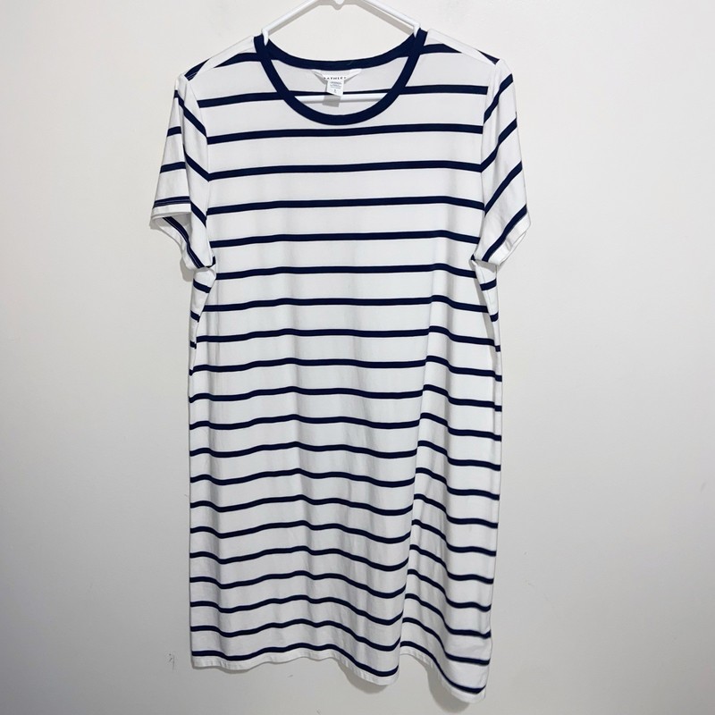 Athleta Shirt Dress Womens Large Essential Tee White Navy Blue Coastal Nautical