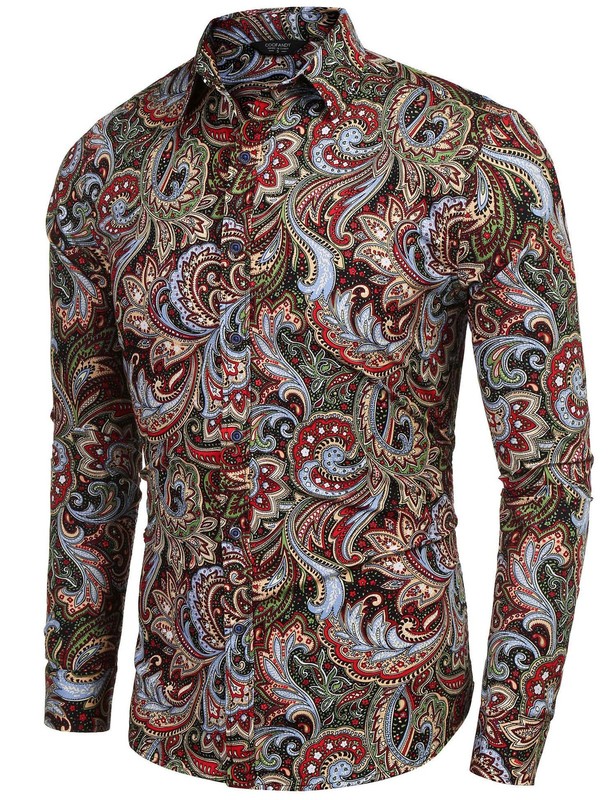 Men's Floral Print Button Down Casual Long Sleeve Hawaiian Shirt(Wine Red,L) gallery