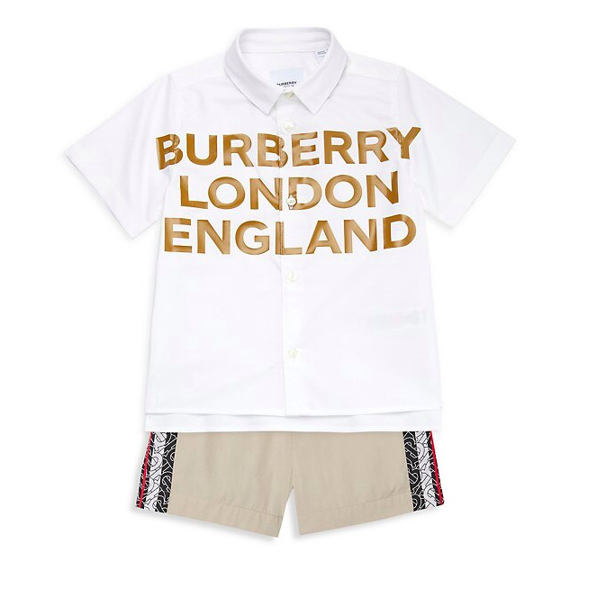 Burberry Boy Graphic Logo Lettering Short Sleeve Button Shirt, White, Sz 12Y NWT