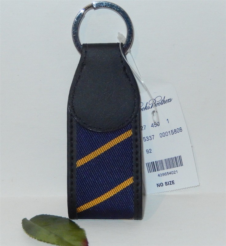BROOKS BROTHERS Leather and Fabric Blue and Yellow Striped Keyring Key Chain NWT