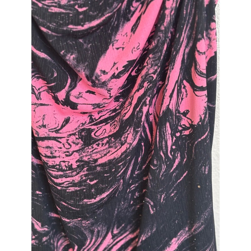Janine Pink Black Marble Swirl Asymmetric Ruffle Cowl Neck Midi Dress Small Y2K gallery