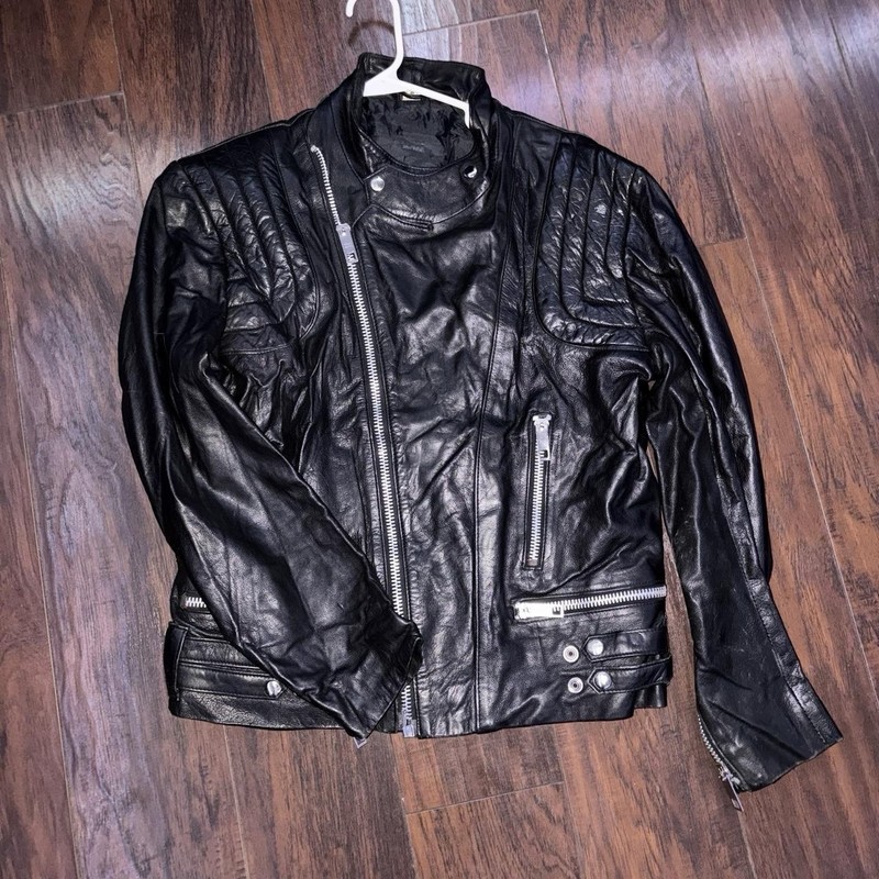Men’s M Black Biker Jacket Full Zip Band Collar Short Polyester Lined 38″