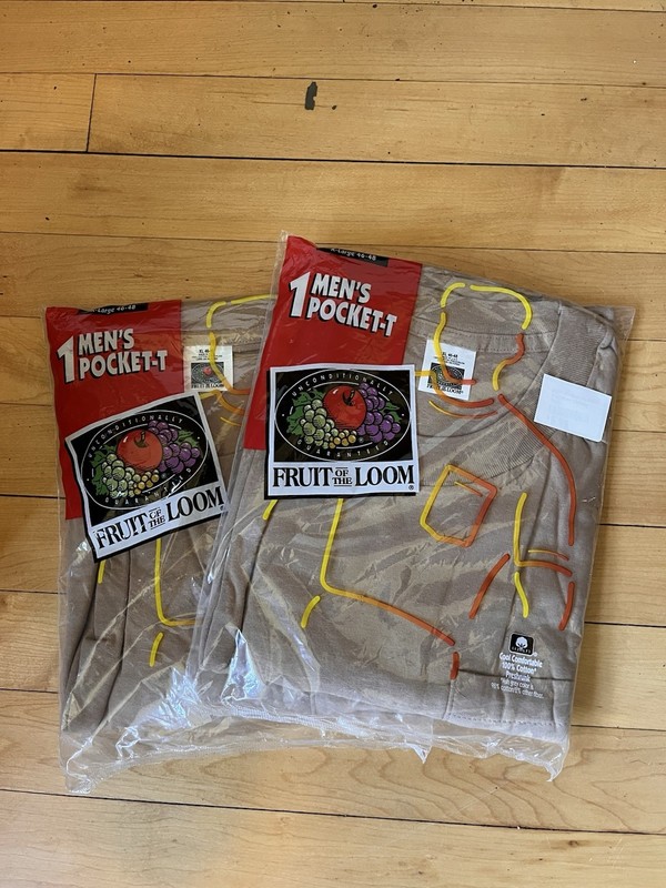 TWO Dead Stock 1995 Fruit of the Loom Pocket T-Shirt, Brown Mens XL Vintage NWT