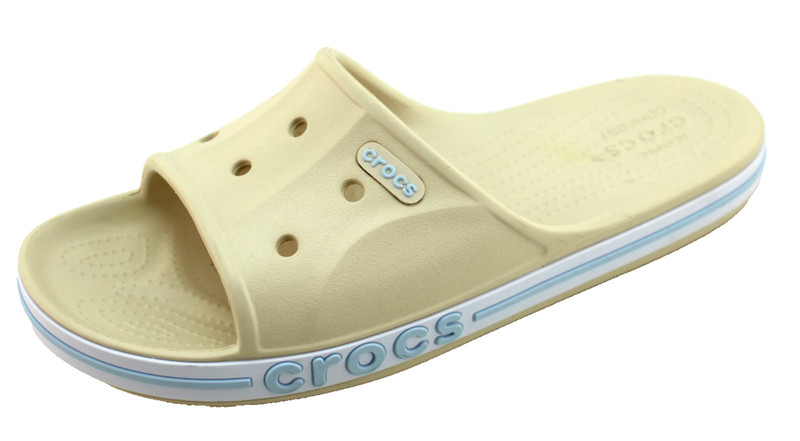 New CROCS Women's 8 Bayaband Vanilla Cream /Blue Raised Crocs Logo Slide Sandals gallery