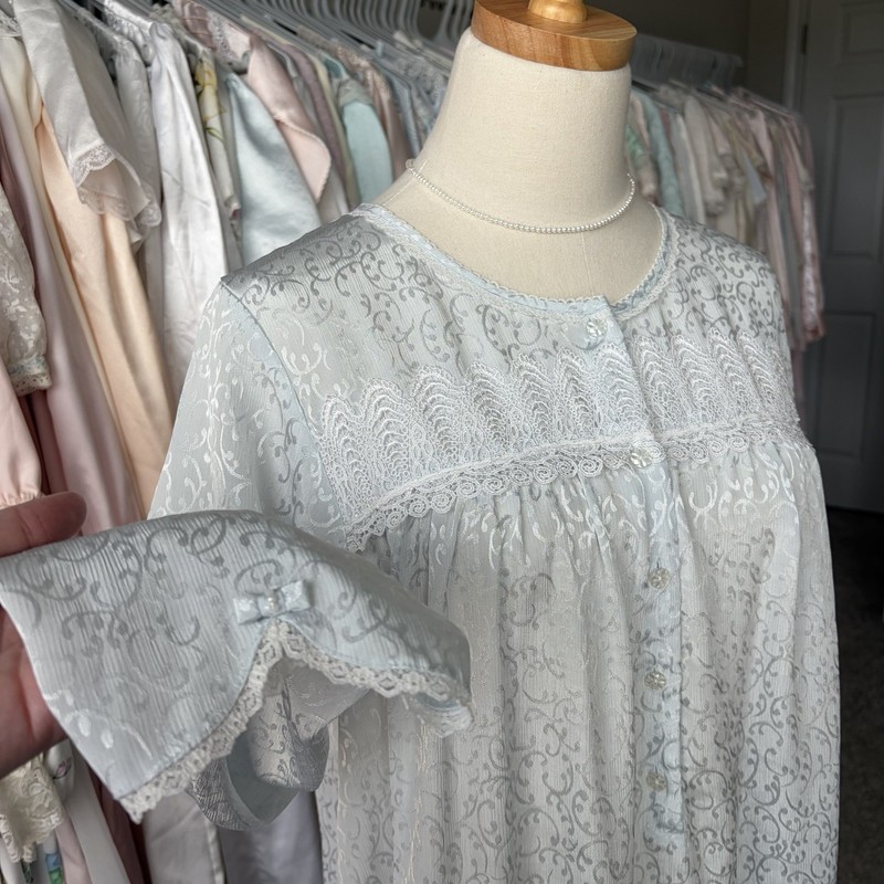 vintage oscar de la renta blue jacquard sleep dress nightgown lace trim