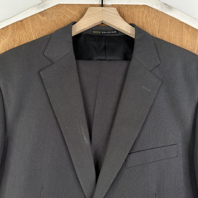 Marks & Spencer Suit Mens 44R Gray 2 Button Wool Blend Pants 38×33 Flat Front