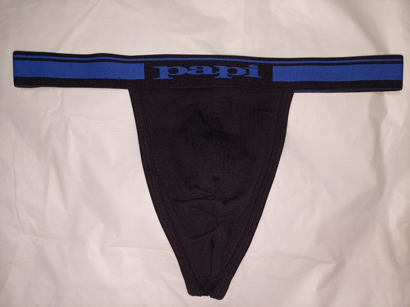 PAPI MENS UNDERWEAR THONG COLOR BLACK SOLID PATTERN AND BLUE BAND SIZE MEDIUM M