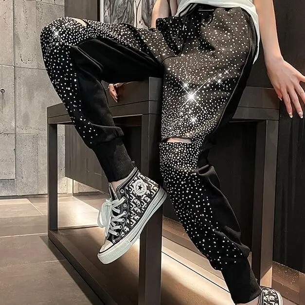 New Men Women Luxury Diamond Rhinestones Trackpants High Quality Joggers