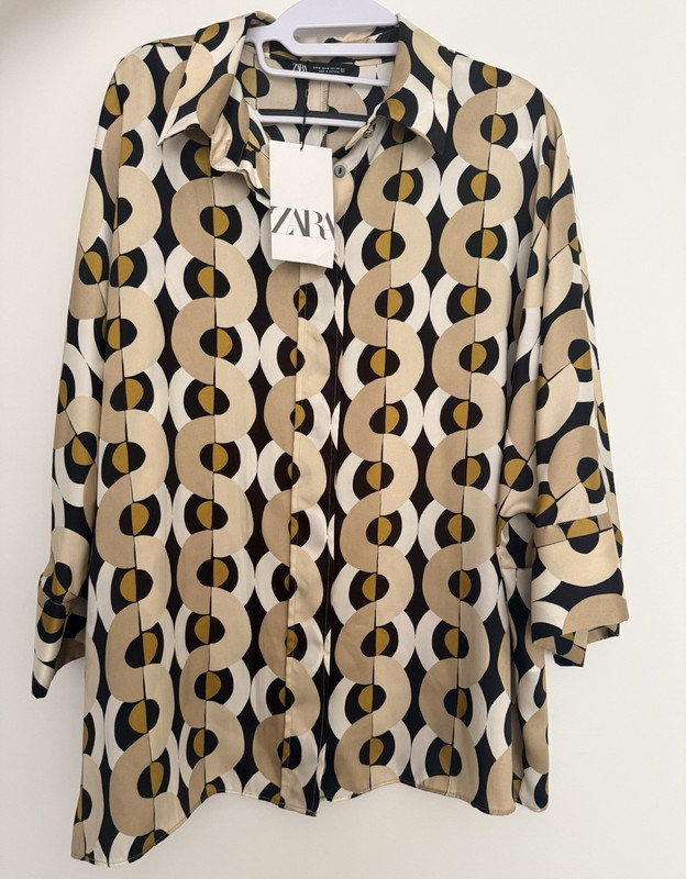 Zara Women M Geometric Satin Button-Up Blouse 3/4 Sleeve Relaxed Beige