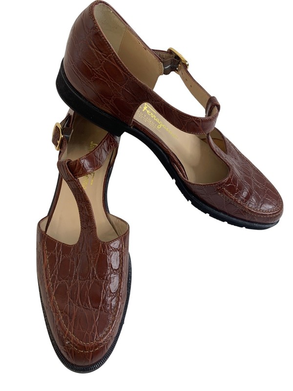 VTG 80s / 90s Ferragamo Boutique Croc Embossed Mary Jane Shoes Flats Sz 7 AA gallery