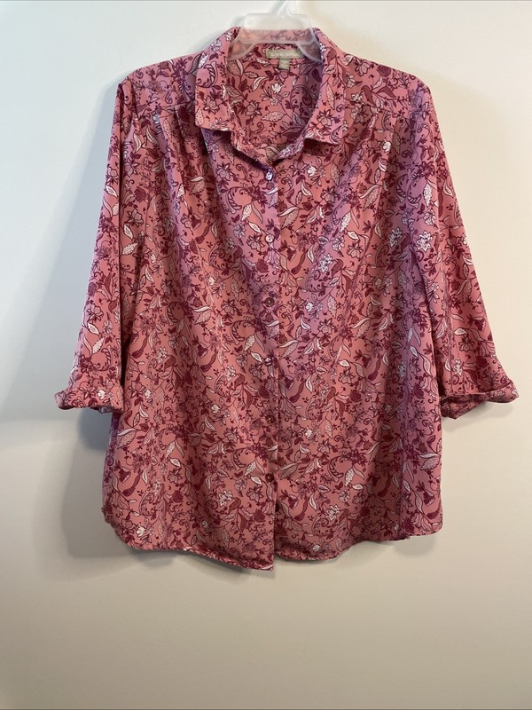 Woman Within 1X Pink Floral Top 3/4 Sleeve Button Front Boho Blouse