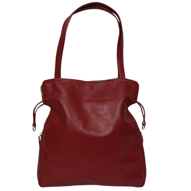 ILI New York Drawstring Tote Red Smooth Leather Shoulder Bag Handbag Purse gallery