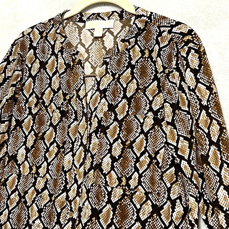 Michael Kors Button Blouse Womens Medium Brown Snakeskin Roll Tab Sleeve Top