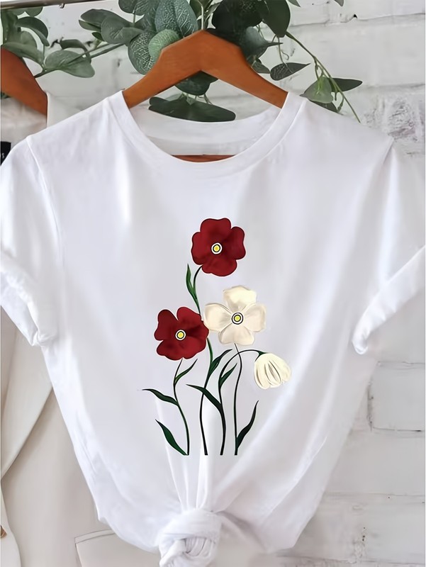 Women’s Red White Floral Graphic T-Shirt Casual Everyday Summer Tee Top