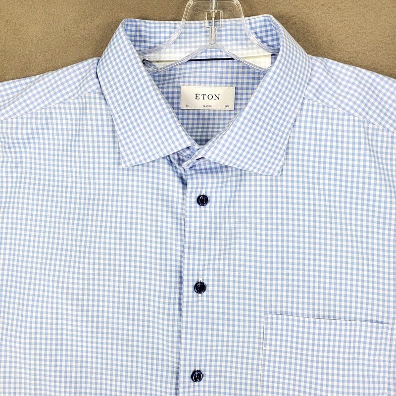 Eton Contemporary Dress Shirt L/S Button Up Blue 19 3/4 | 50 Gingham Plaid Check