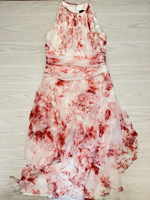 Carmen Marc Valvo Ball Gown White Pink Floral Satin Halter Long Dress 8