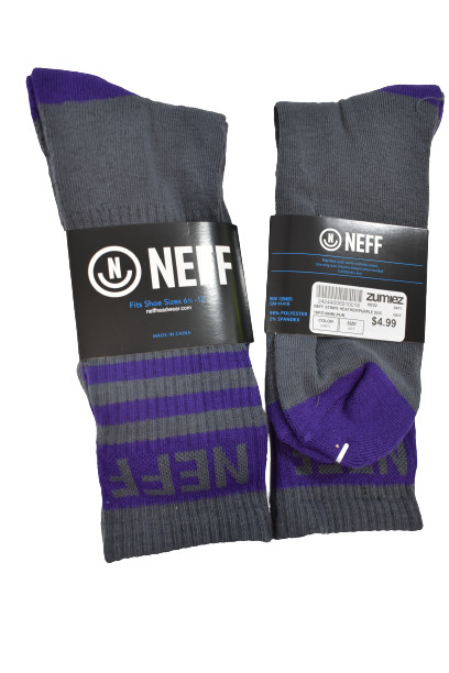 2 Pair NEFF Mens Gray/Purple Socks Fit Shoe Sizes 6 1/2 to 12