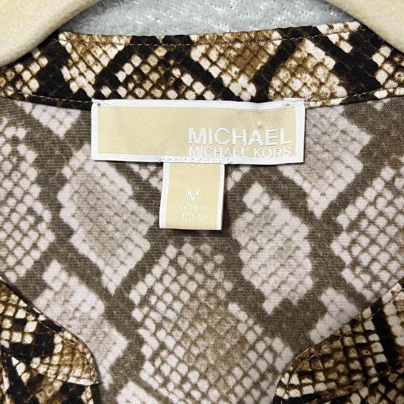 Michael Kors Button Blouse Womens Medium Brown Snakeskin Roll Tab Sleeve Top gallery