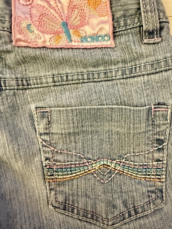 Y2K BONGO Girls Denim Capri Pants Size 7 with Embroidered Flowers gallery