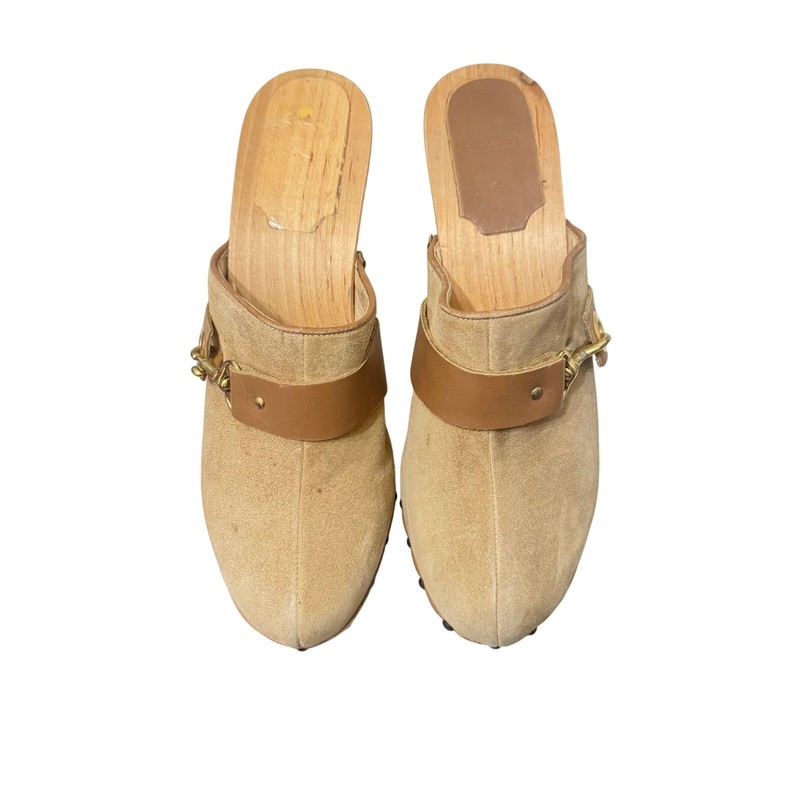 Coach Felicia Suede Wood Mule Clogs Made in Italy Gold Tan Size 10 gallery