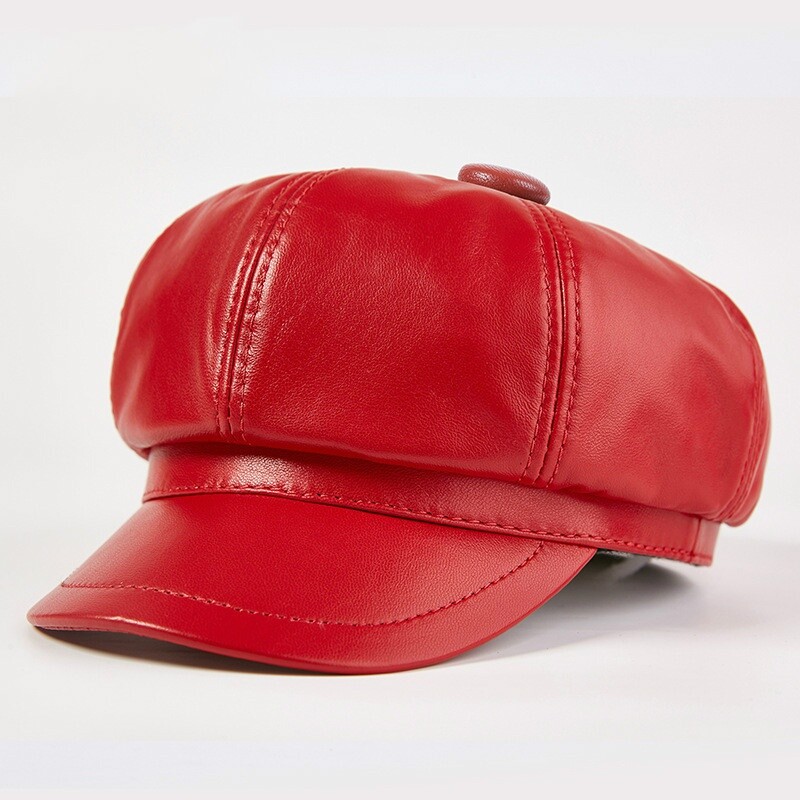 French Retro Ladies Sheepskin Leather Hat Newsboy Gatsby Beret Baker Cap Chic