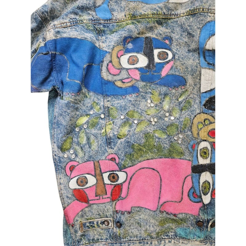 Vintage 90s Hand Painted Cat Jean Jacket Distressed Art To Wear Acid Wash Boho gallery