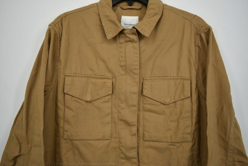 Thread & Supply Womens Utility Jacket Front Zip Drawstring Snap Tab Cotton L $60 gallery