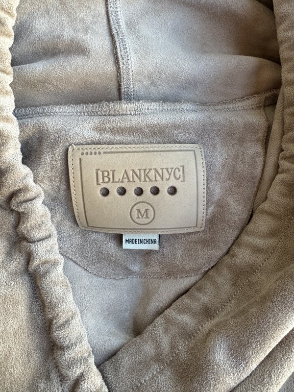 BLANKNYC Faux Suede Drape Hooded Jacket Tan Moto Open front Size Medium gallery