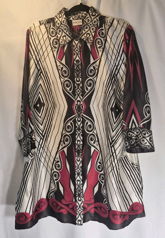 Chico’s Size 2 US Large 12/14 100% Silk Tunic Top Red Black Geometric