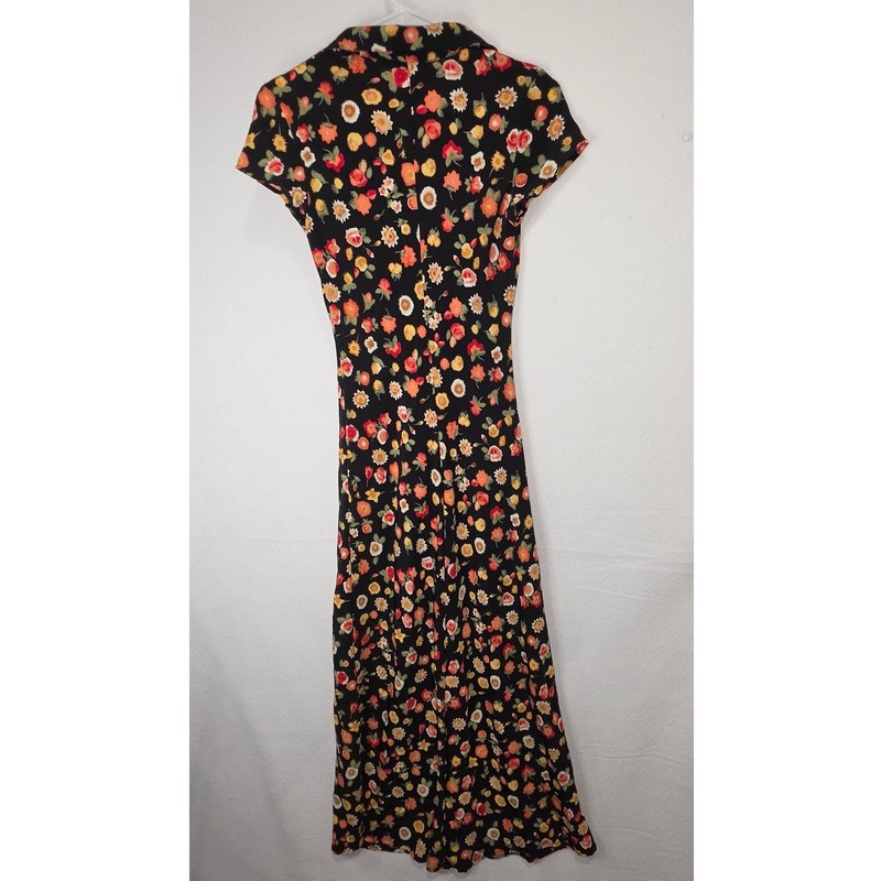 Joule Vintage Floral Maxi Dress Black Sunflower Rose Short Sleeve Small USA Made gallery