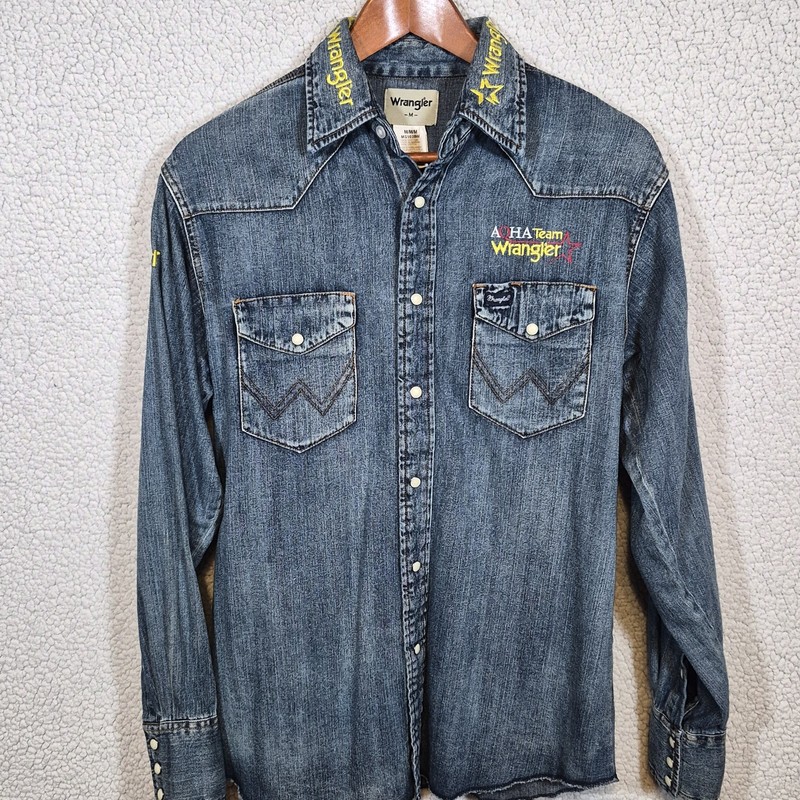 Wrangler Pearl Snap Denim Long Sleeve Shirt Mens Medium American Quarter Horse