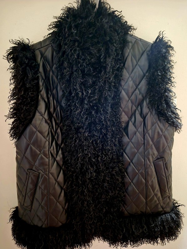 Vegan Leather Vest with Faux Fur Trim Black 1XL