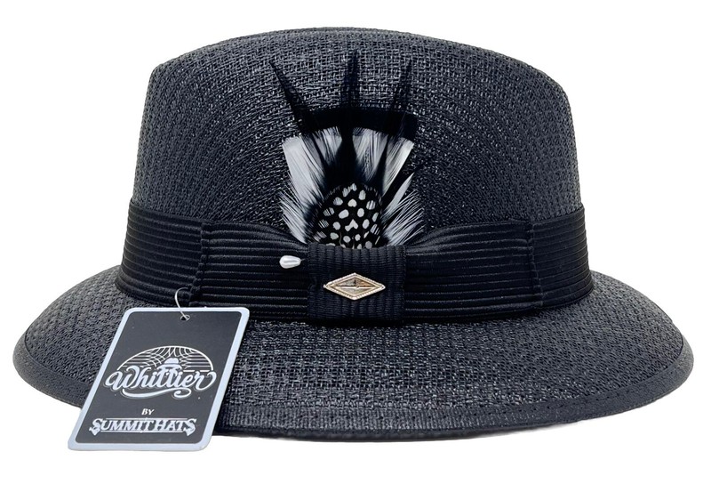 Whittier Lowrider Fedora Straw Hat Mens Black With Black & White Combo Feather