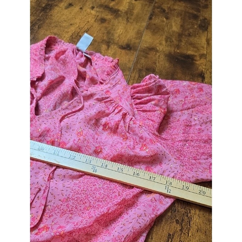 JOIE | Pink Floral Gold Metallic Semi Sheer Tie Neck Romantic Boho Blouse | M gallery