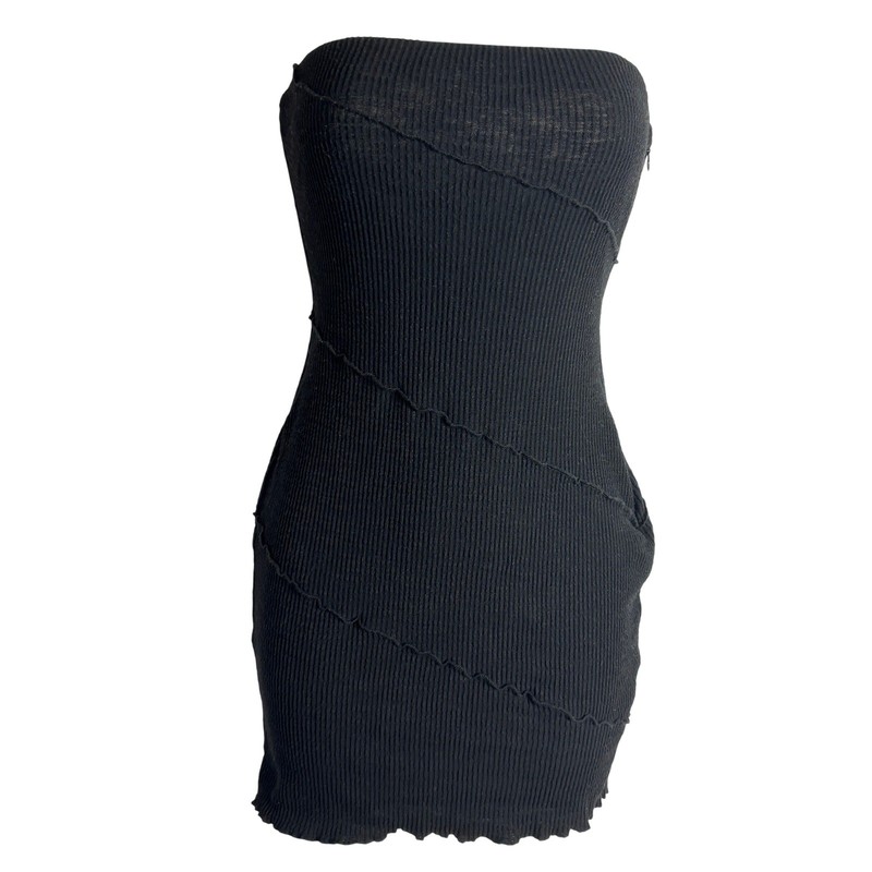 Princess Polly | Black Ribbed Strapless Mini Dress Exposed Seams | Size 2